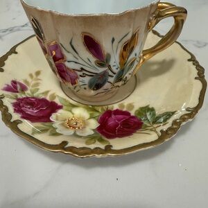 Vintage Rose Teacup and Saucer Set with Gold Accents